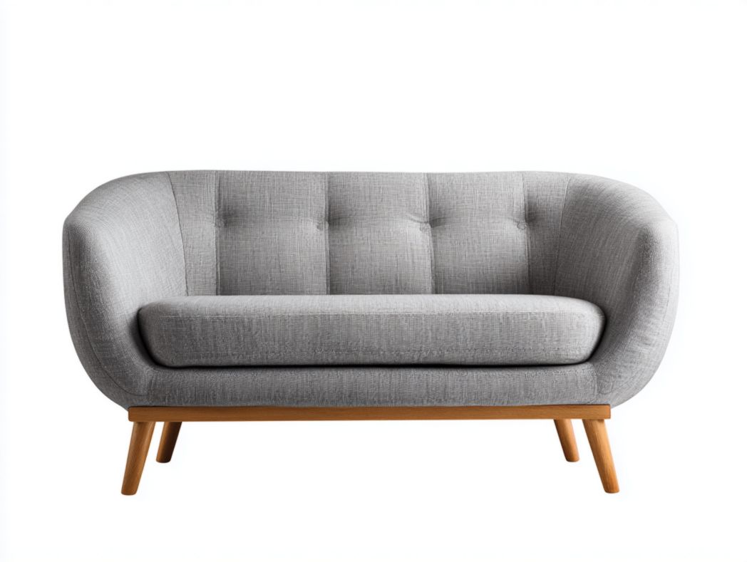 Canapé 2 places en tissu effet lin gris clair, pieds en bois massif brun clair-Belleytrim