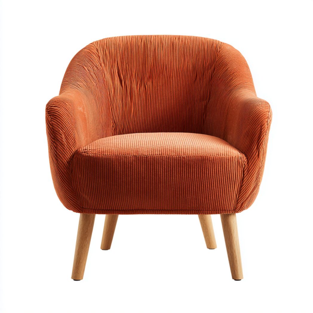 Fauteuil en velours côtelé orange, pieds en bois massif brun clair-Belleytrim