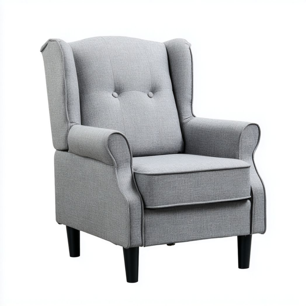 Fauteuil en tissu effet lin gris clair, pieds en bois massif noirs-Belleytrim