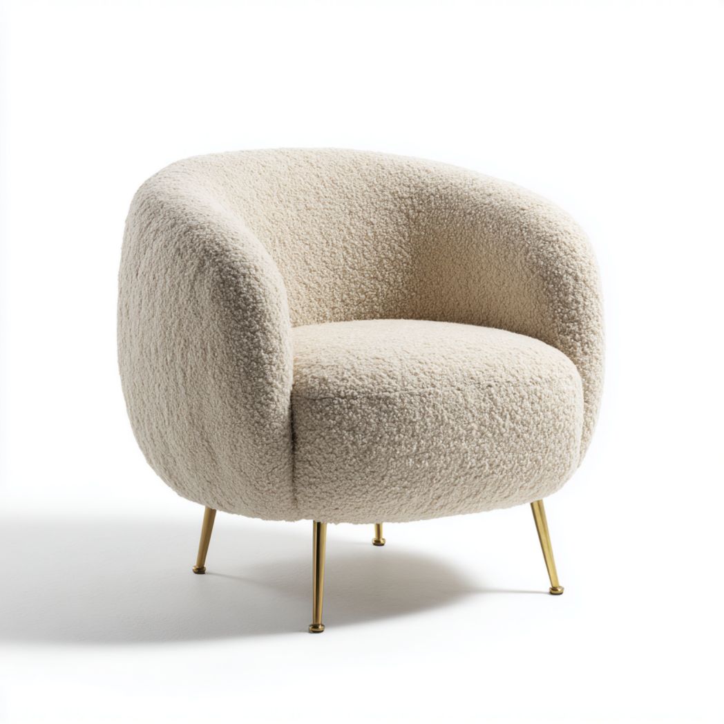 Fauteuil en tissu sherpa beige clair, pieds métalliques dorés-Belleytrim