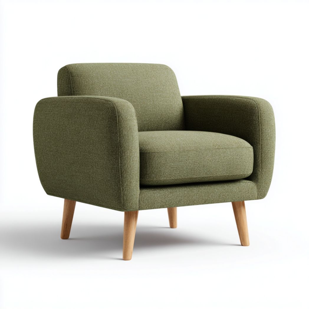 Fauteuil en tissu effet lin vert olive, pieds en bois massif brun clair-Belleytrim