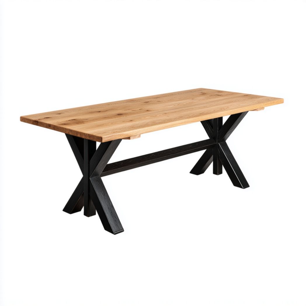 Table à manger en bois brun clair avec pieds en bois noirs-Belleytrim
