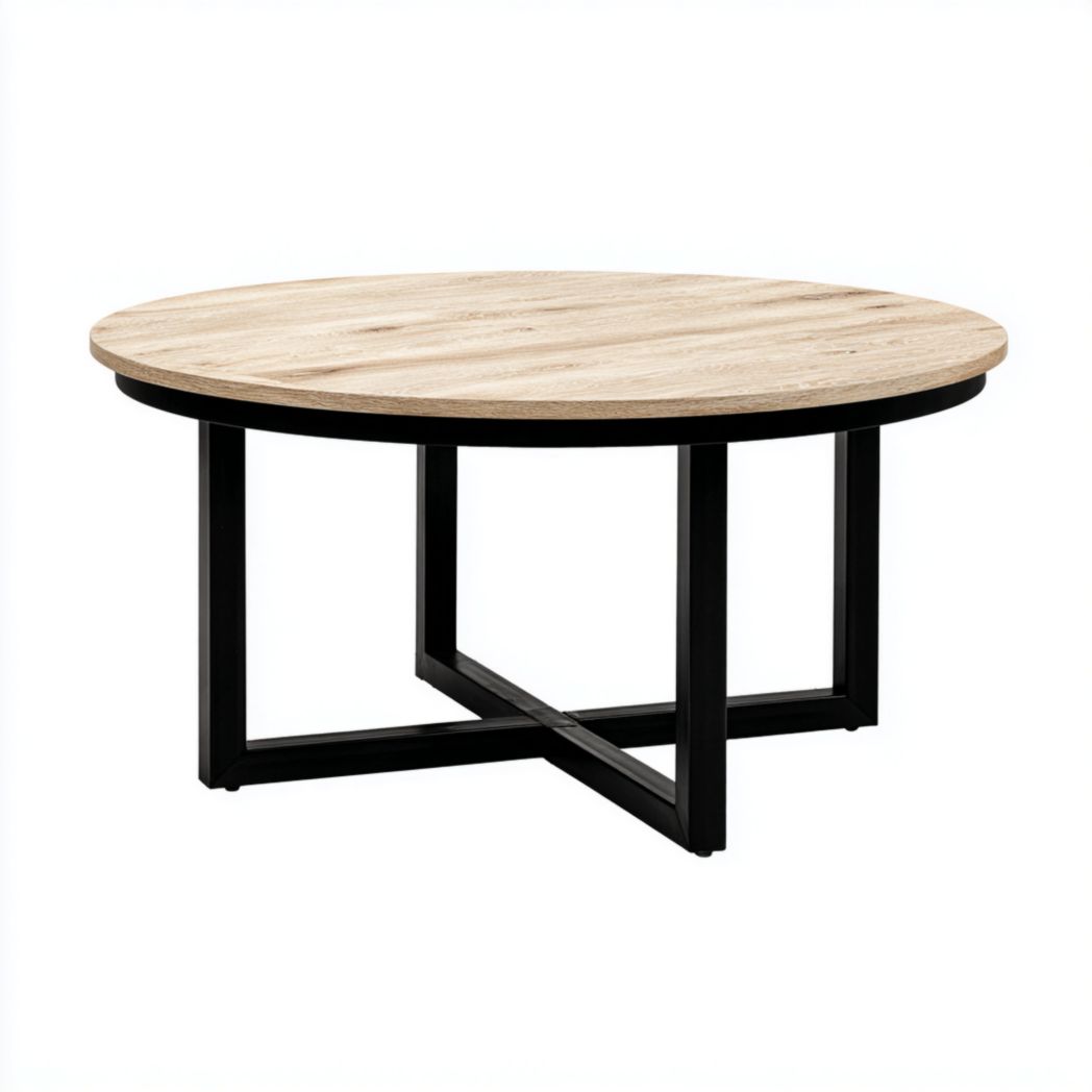 Table à manger ronde avec plateau beige clair et structure métallique noire-Belleytrim