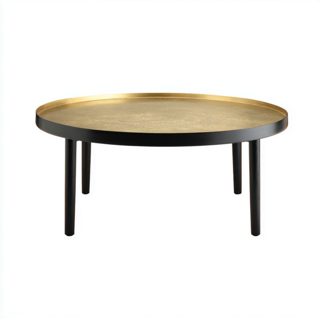 Table basse ronde avec plateau doré, pieds en bois massif noirs-Belleytrim