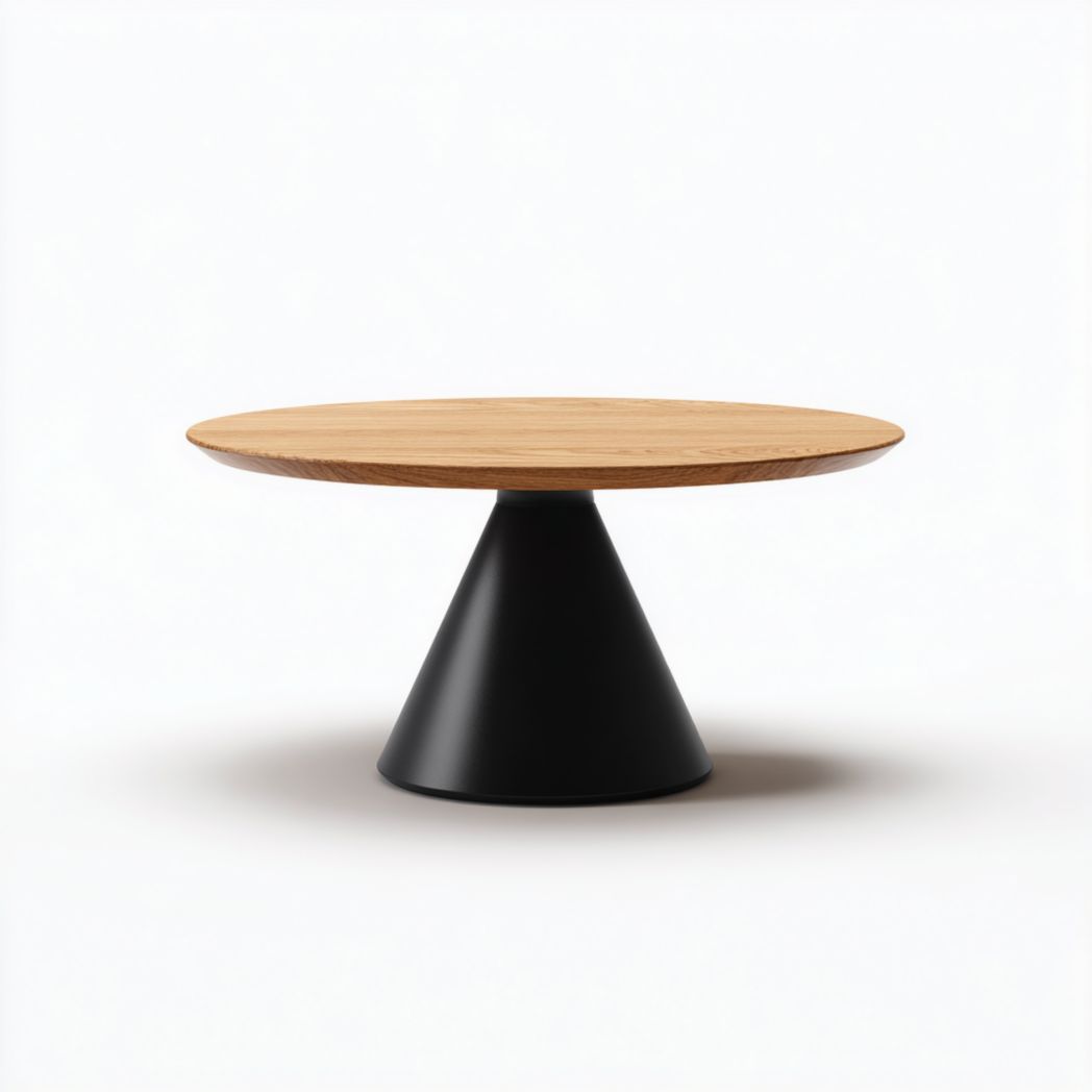 Table à manger ronde avec plateau en bois brun clair, base métallique noire-Belleytrim