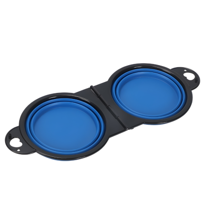 Collapsible dog bowls with blue bowls and black carrying case on a white background