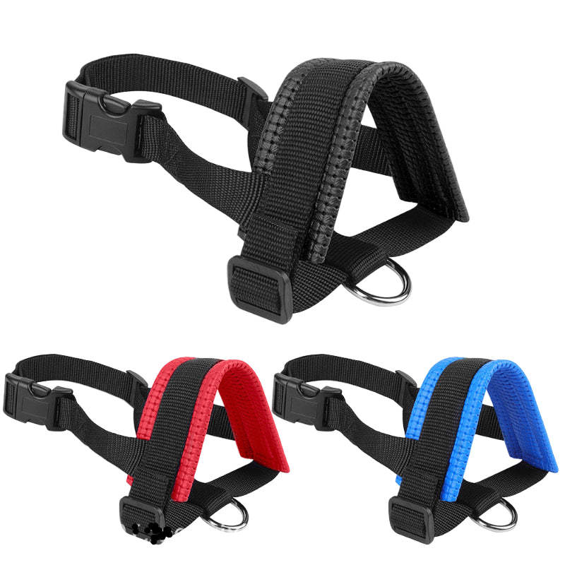 Three black dog harnesses with blue, red, and no additional color accents on a white background.