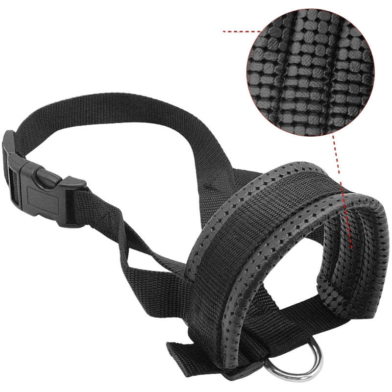 Black dog muzzle with puff cotton lining and text on a white background