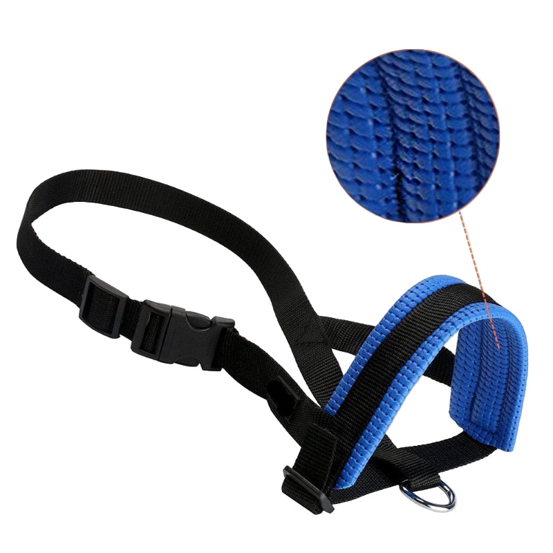 Black and blue dog harness with close-up of texture on a white background