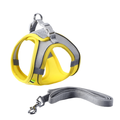 Cat harness and leash set with yellow front and gray back on a white background