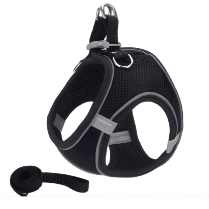 Black cat harness with reflective stripes on a white background