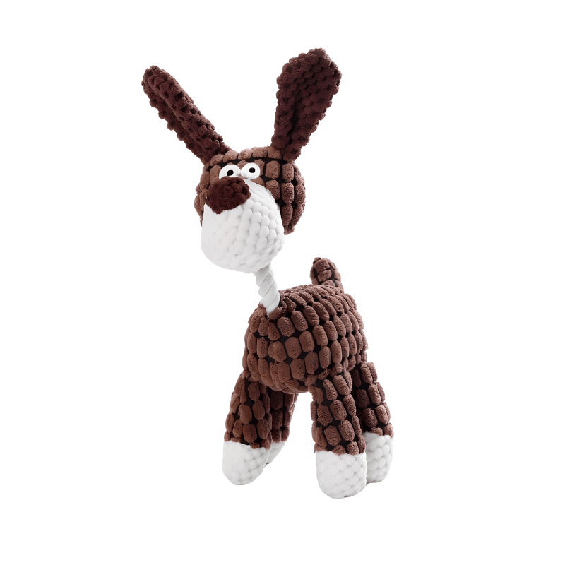 Brown and white knitted dog toy shaped like a deer on a white background