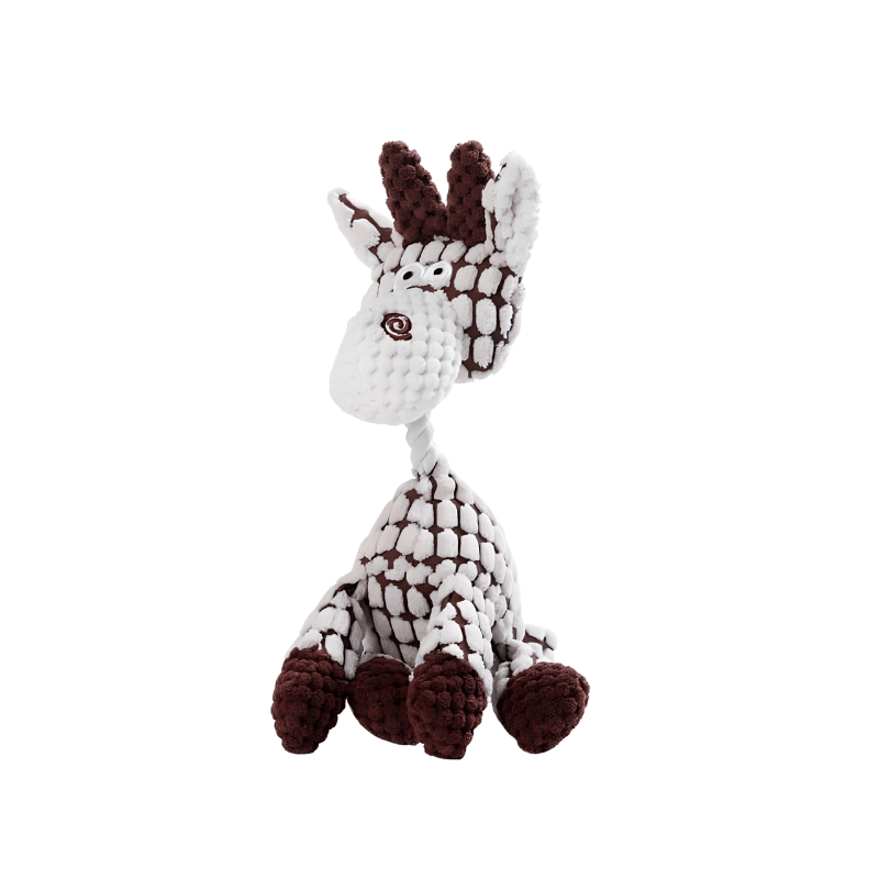 Crocheted giraffe toy with white and brown pattern on a white background