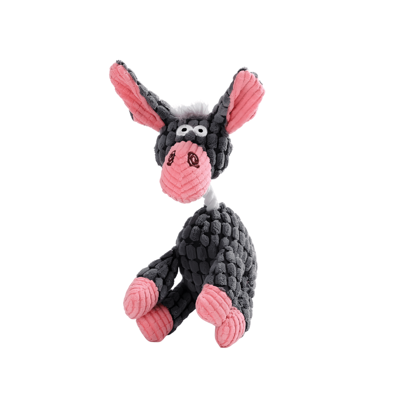 Knitted donkey toy with pink ears and feet on a white background