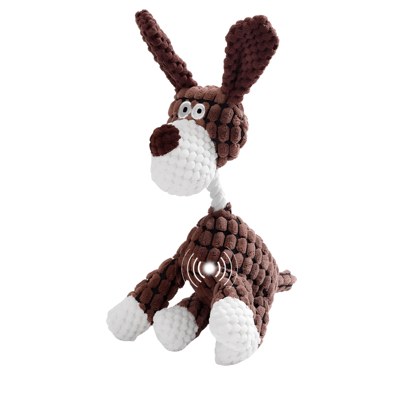 Brown and white knitted dog toy on a white background