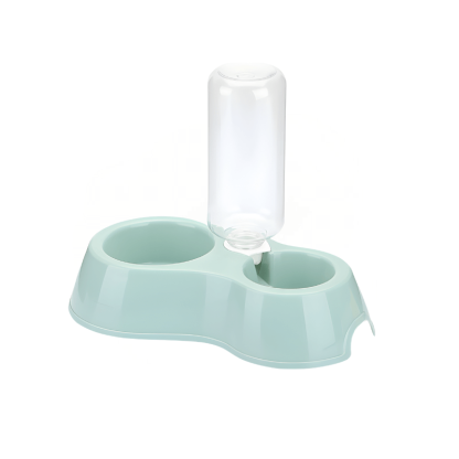 Mint green pet water and food bowl with a bottle on a white background
