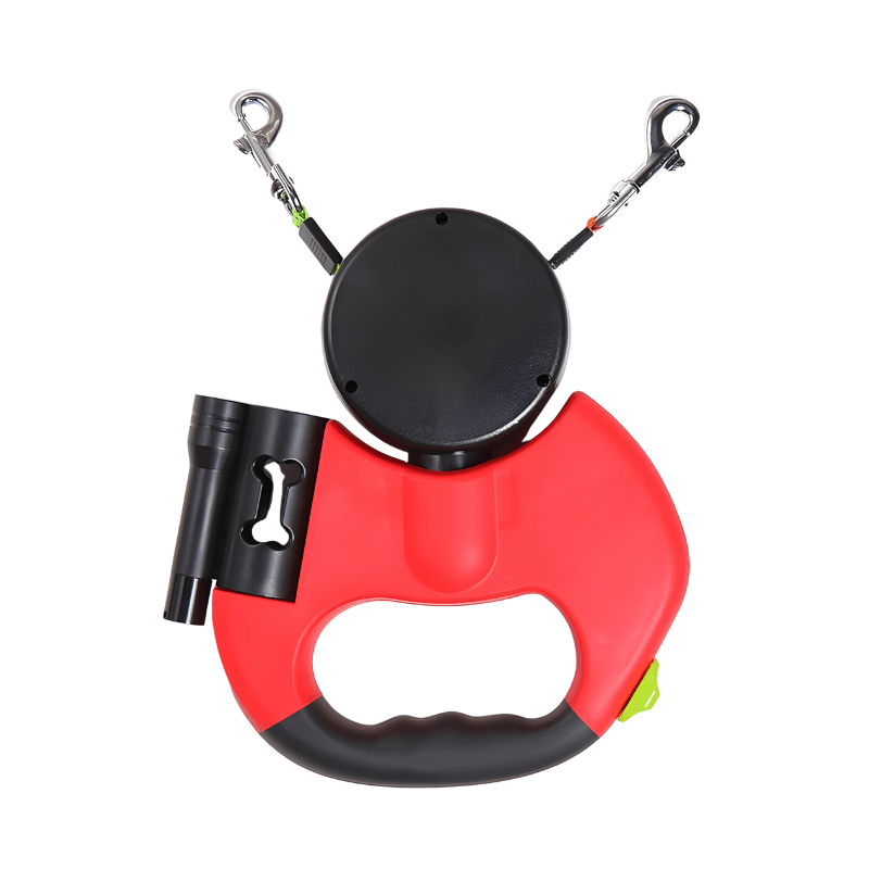 Retractable dog leash with flashlight and carabiners on a white background