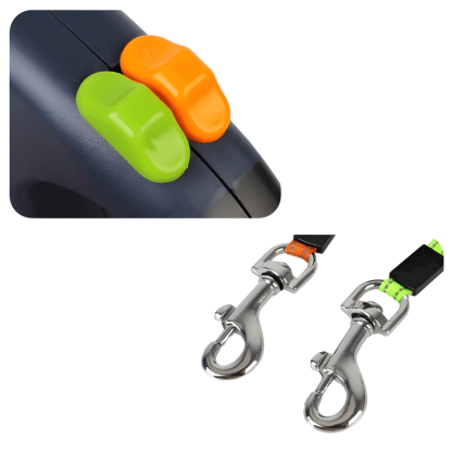 Dog leash with colorful plastic clips and metal hooks on a white background