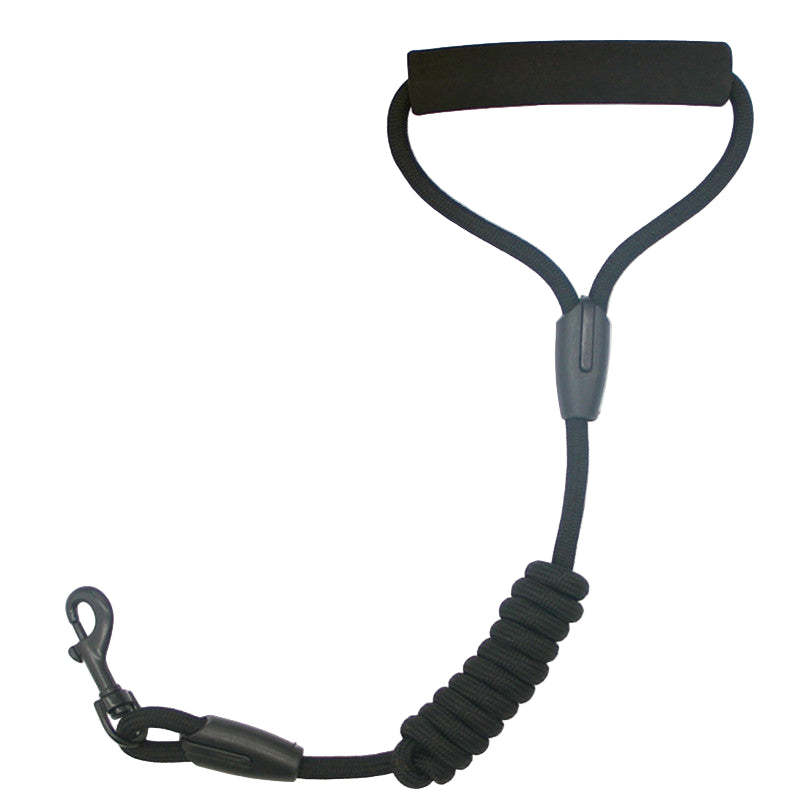 Black rope leash with a clip on a white background