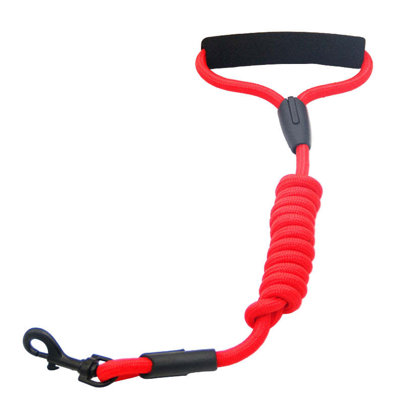 Red bungee leash with black connectors on a white background