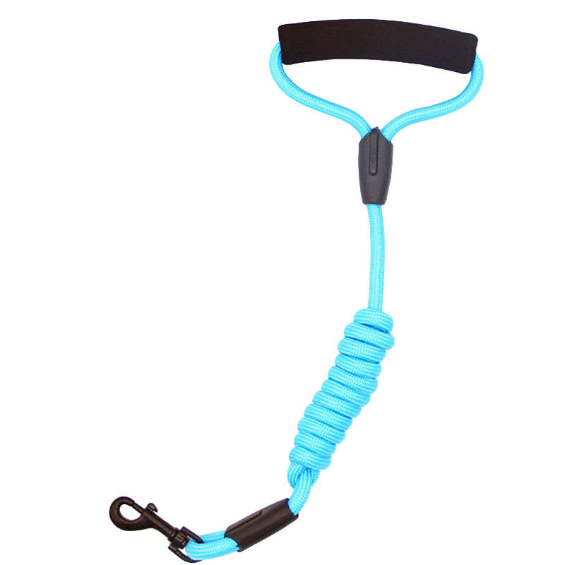Blue dog leash with black handle and clip on a white background