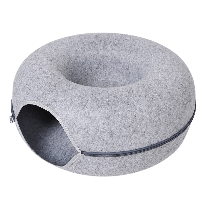 Gray donut-shaped pet bed on a white background