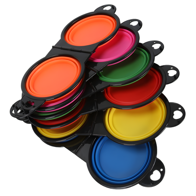 Folding Silicone Dual Pet Bowl with Carabiner Clip for Travel Use