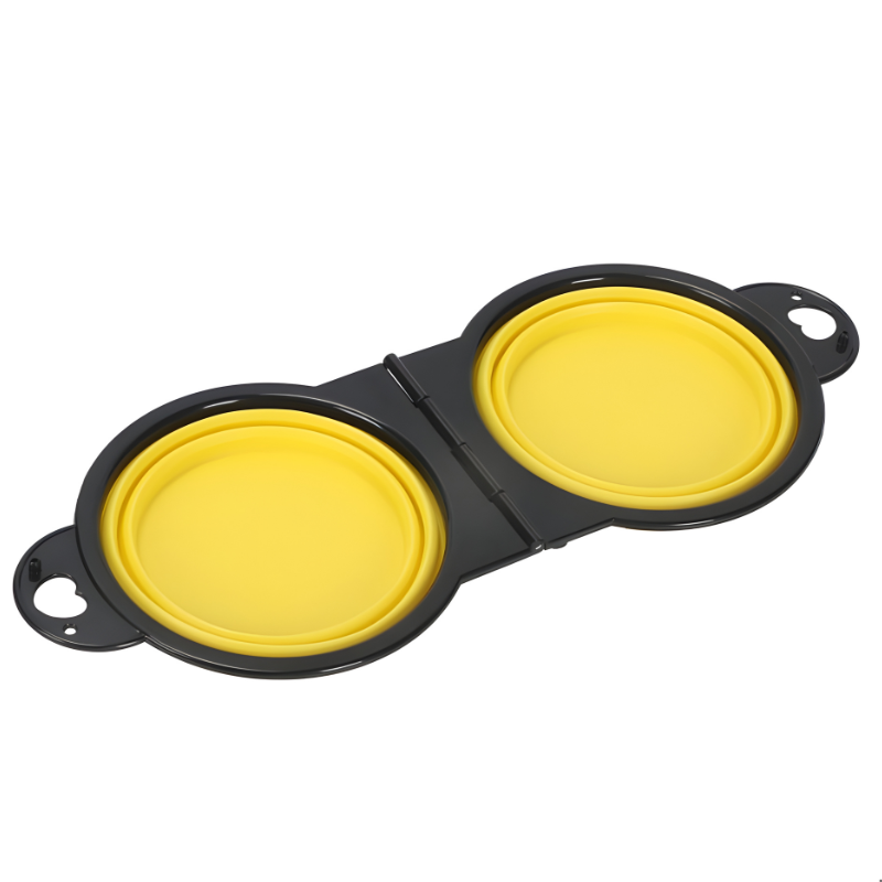 Black and yellow dual pet feeder on a white background