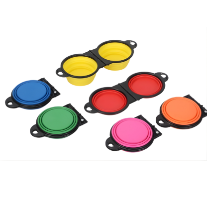 Folding Silicone Dual Pet Bowl with Carabiner Clip for Travel Use