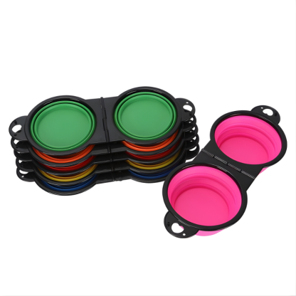 Folding Silicone Dual Pet Bowl with Carabiner Clip for Travel Use