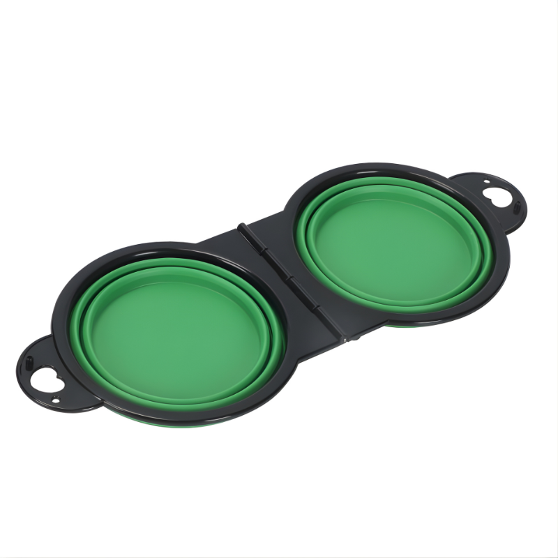 Folding Silicone Dual Pet Bowl with Carabiner Clip for Travel Use