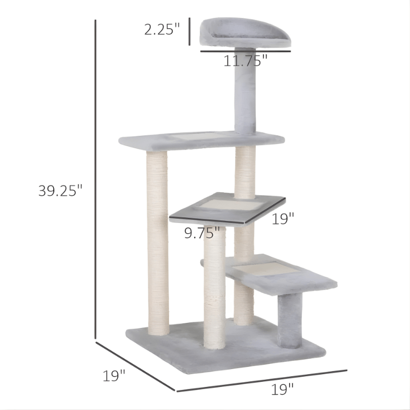 Cat tree with dimensions labeled on a white background