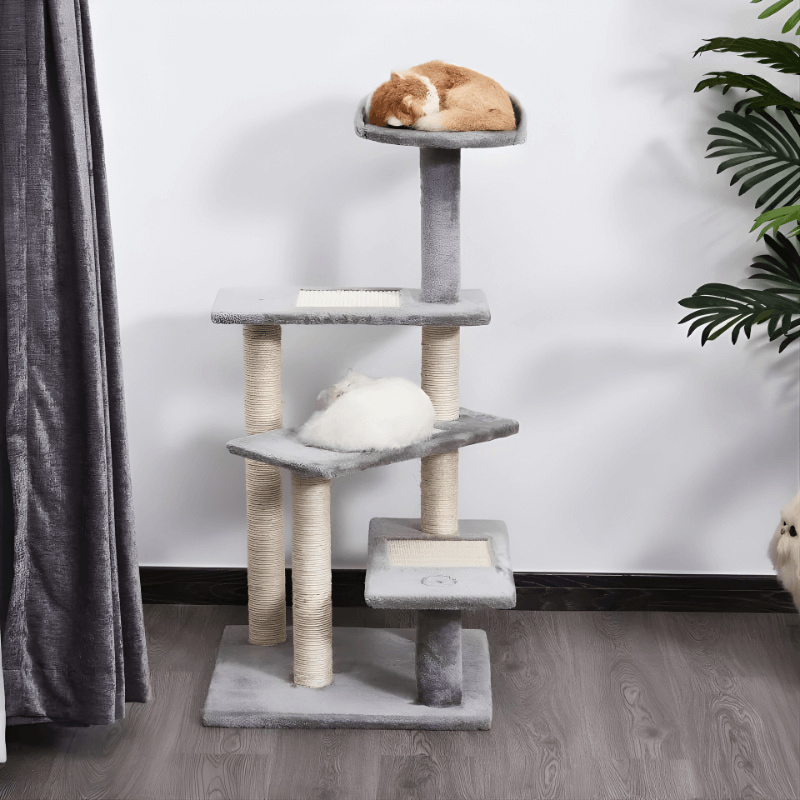 Cat tree with multiple levels and a cat sleeping on top in a room setting.