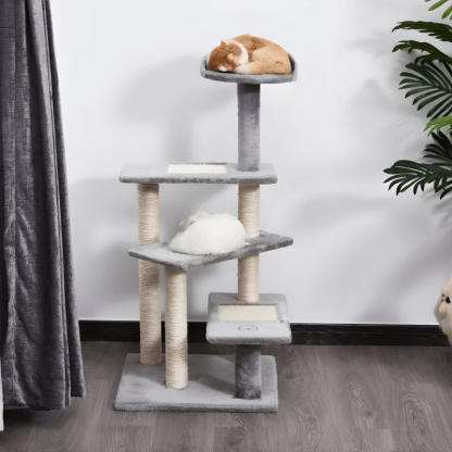 Cat tree with multiple levels and a cat sleeping on top in a room setting.