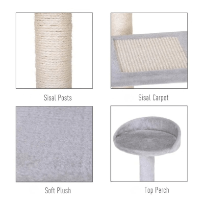 Cat tree components including sisal posts, carpet, plush surface, and top perch on a white background.