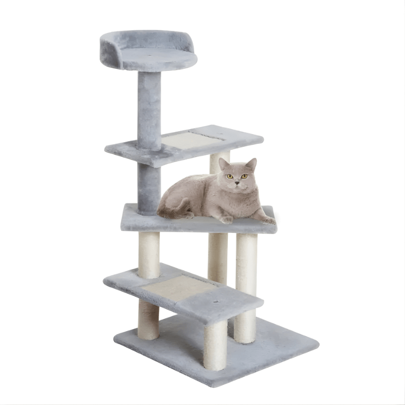 Cat tree with a cat sitting on one of the platforms on a white background