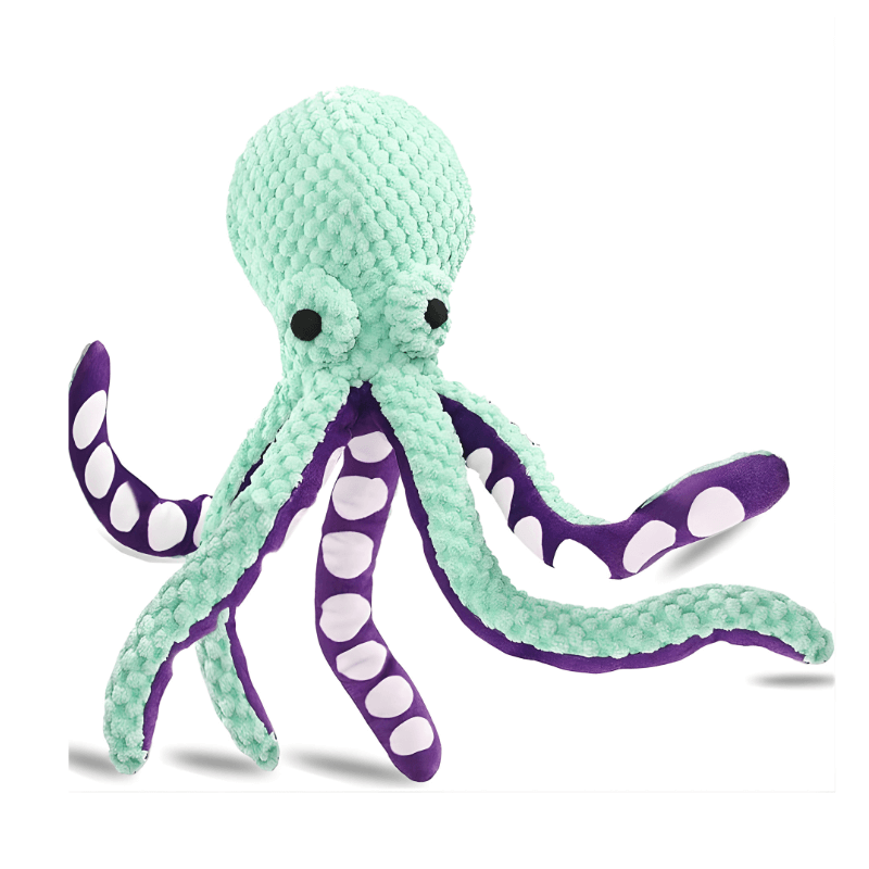 Plush octopus toy with green body and purple arms on a white background