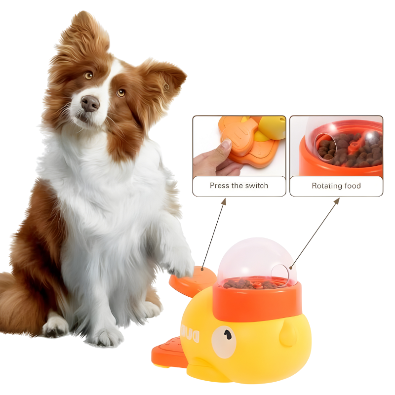 Dog sitting next to a yellow and orange pet toy with food dispenser