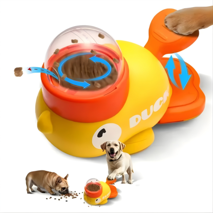Dog toy with a transparent top, orange middle, and yellow base, featuring the brand 'DUCK'.