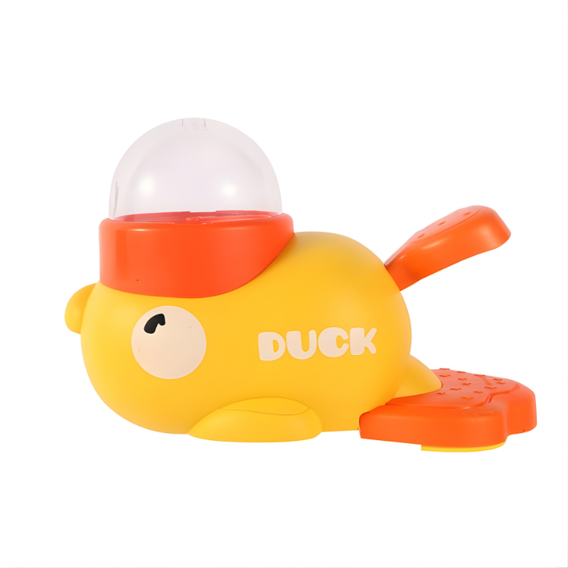 Toy duck with an orange beak and feet on a white background