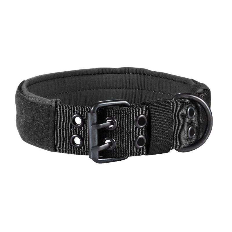 Black dog collar with a metal buckle on a white background