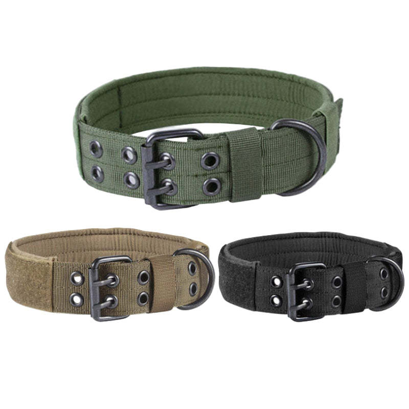 Three military-style dog collars in green, brown, and black on a white background.