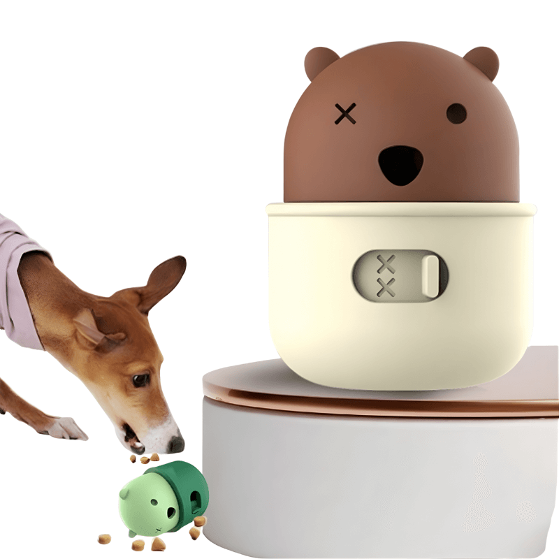 Dog interacting with a small, cute device resembling a beaver on a white background