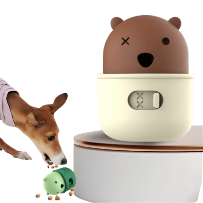 Dog interacting with a small, cute device resembling a beaver on a white background