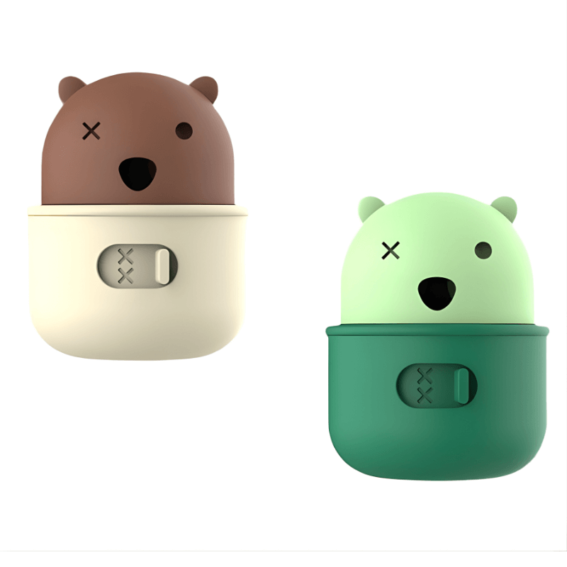 Two bear-shaped containers, one brown and one green, on a white background.