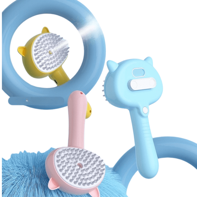 Pet grooming tool set with blue and pink handles on a white background