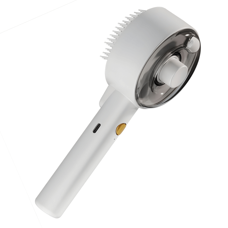 White handheld shower head with bristle brush attachment on a white background