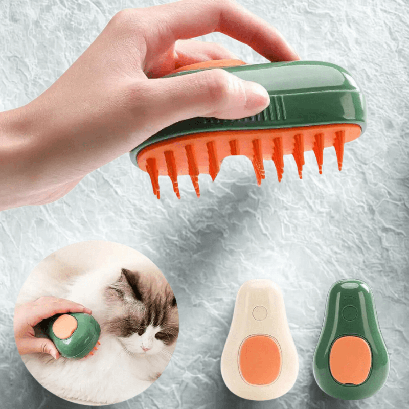 Pet grooming brush with a hand holding it, inset showing a cat being groomed, and additional brushes on a textured background.