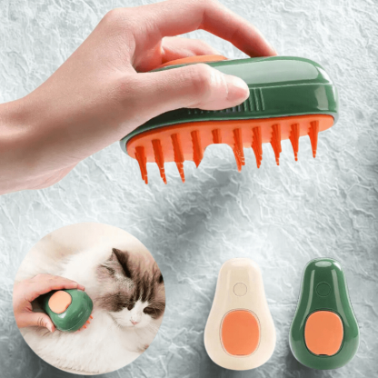 Pet grooming brush with a hand holding it, inset showing a cat being groomed, and additional brushes on a textured background.