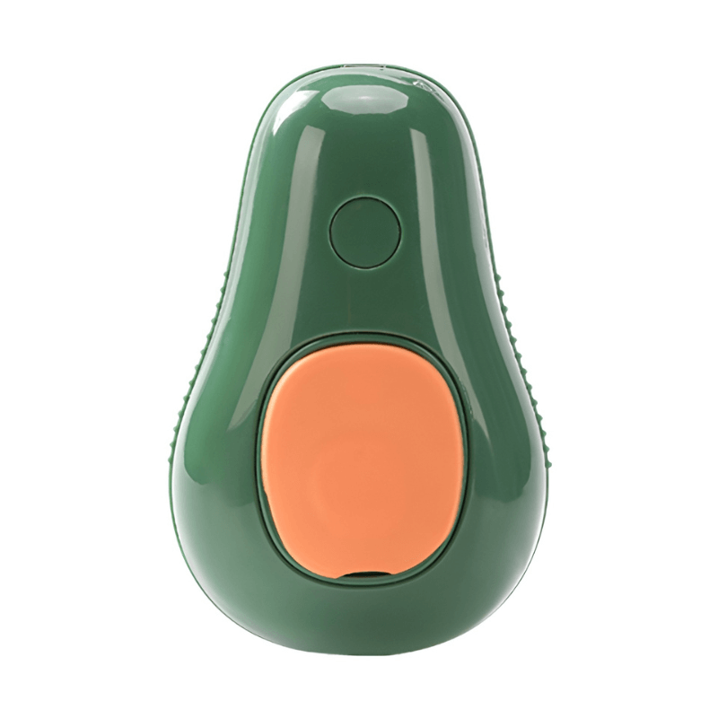 Green and orange electronic device shaped like an avocado on a white background